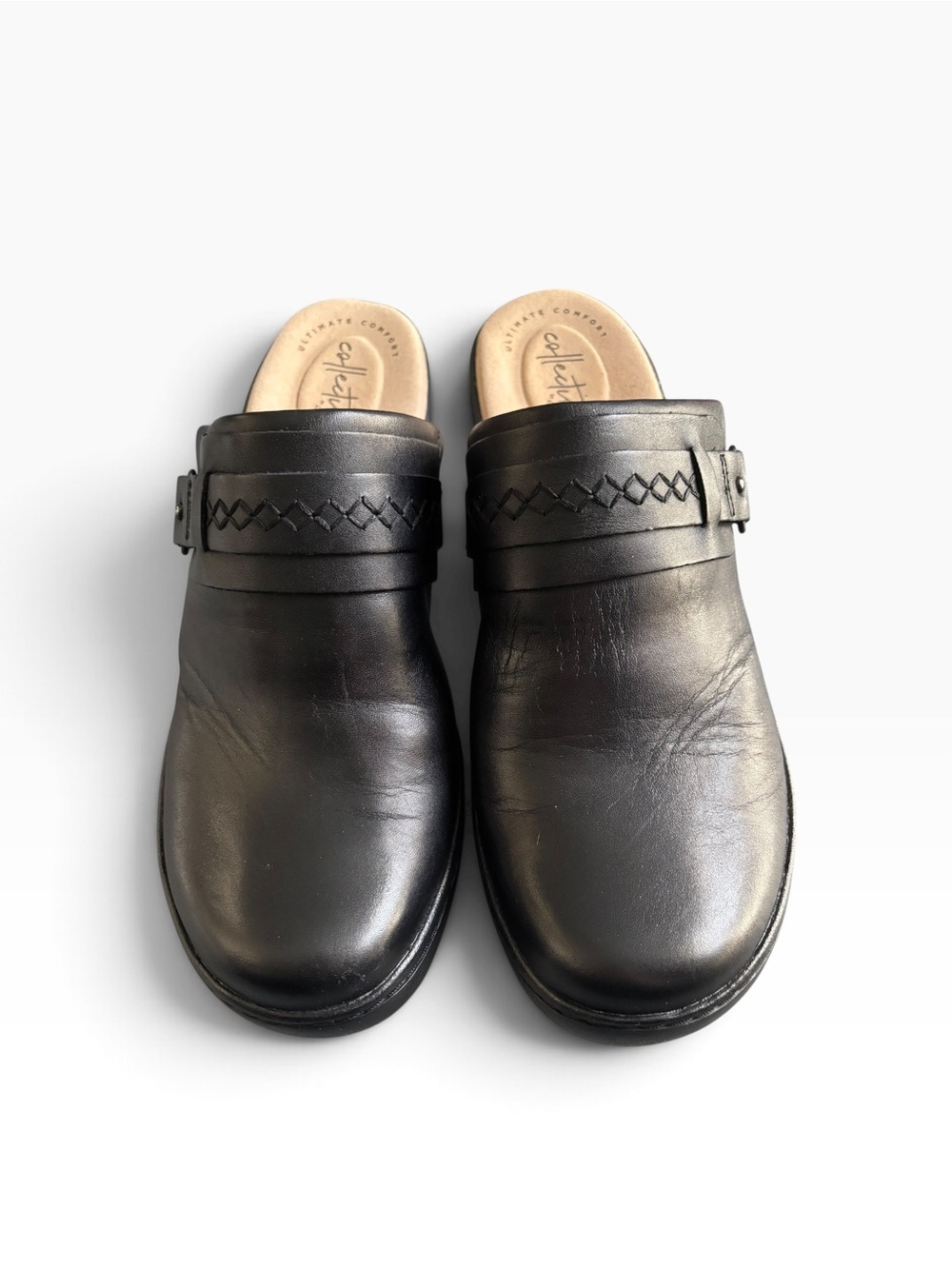 Clarks Collection Black Leather Comfort Mules Clogs Size 9 Wide 9W